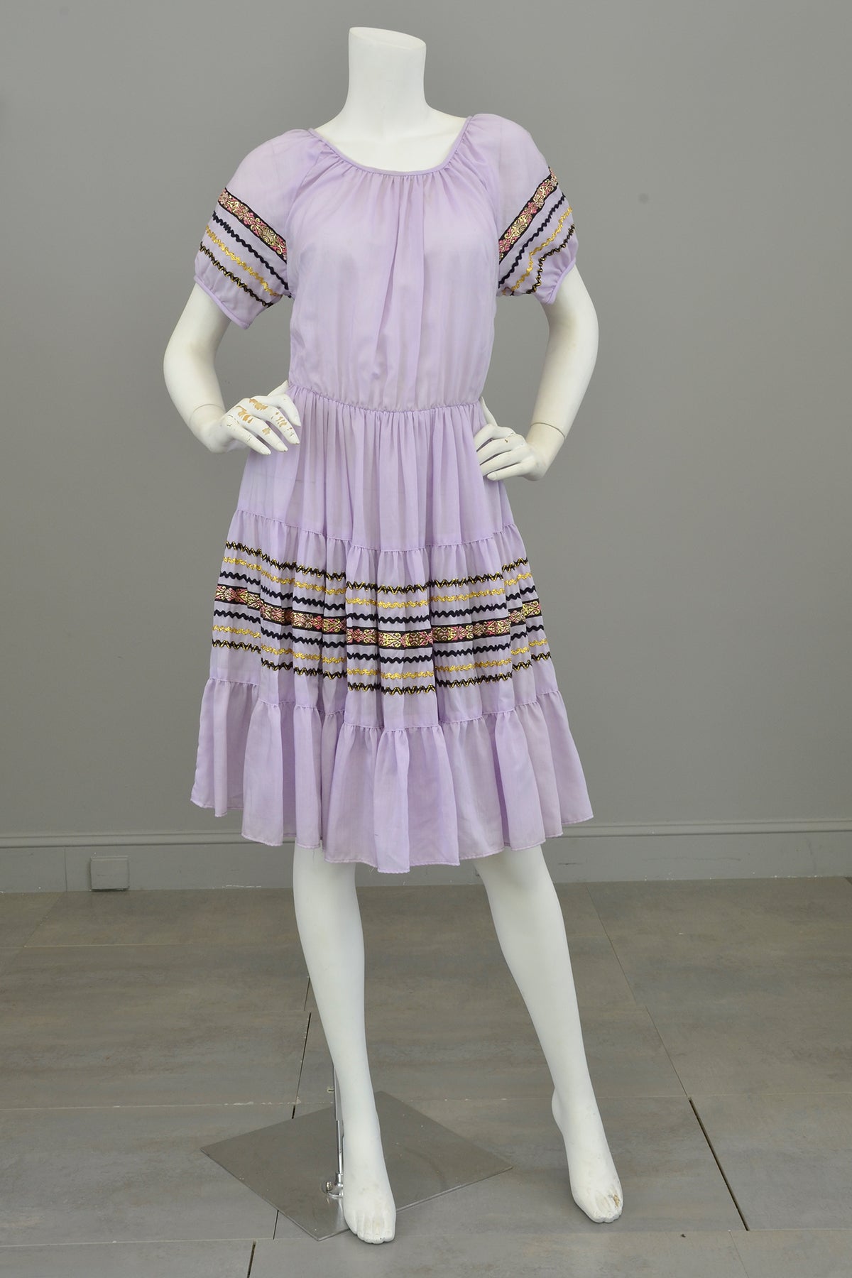 Vtg 1960s 70s Lilac Patio Square Dance Dress Trimmed with Gold Metalli Vtg 1960s 70s Lilac Patio Square Dance Dress Trimmed with Gold Metalli