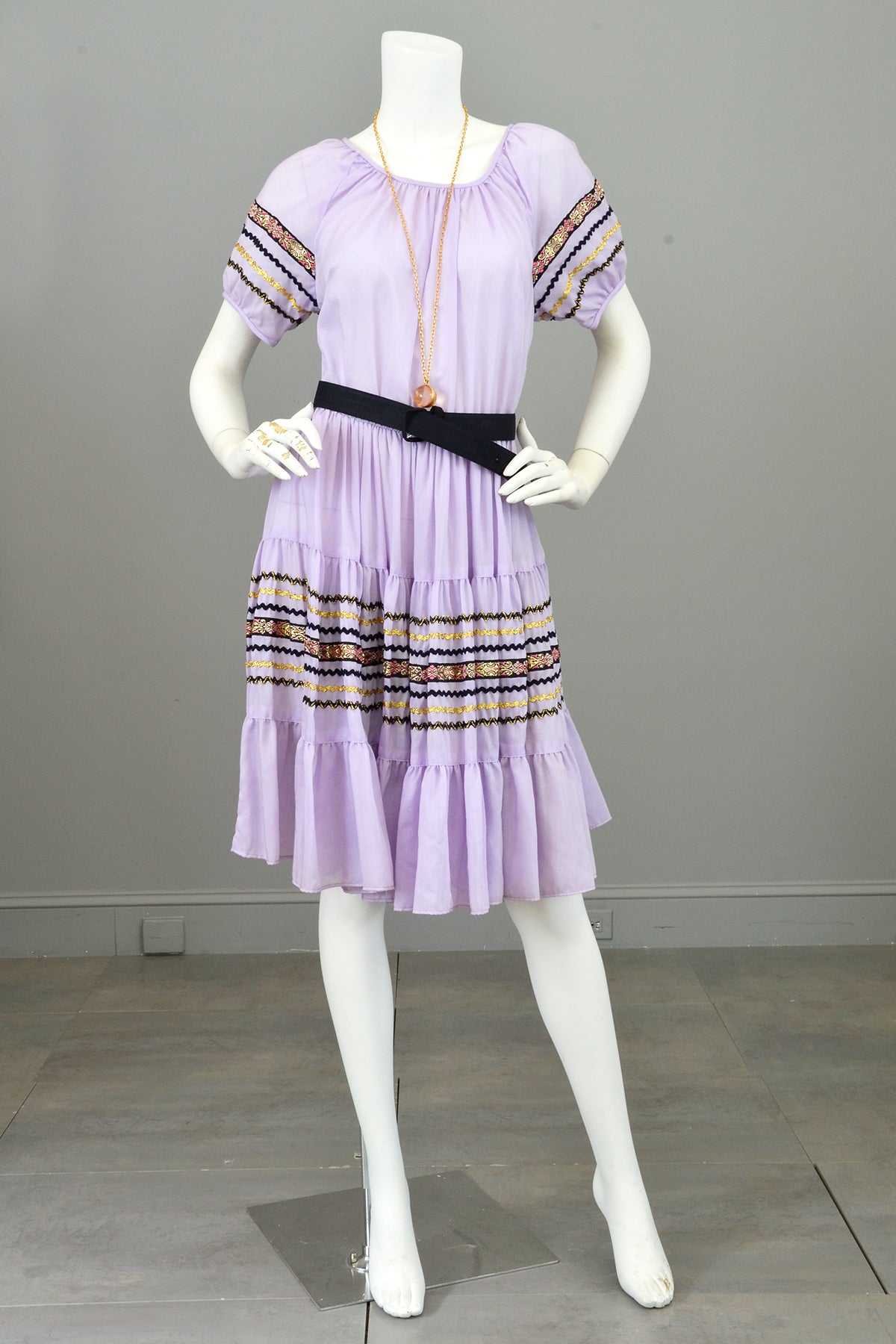 Vtg 1960s 70s Lilac Patio Square Dance Dress Trimmed with Gold Metallic Ribbon and Black & Gold Rickrack | Full Skirt Square Dance Dress | Patio Dress