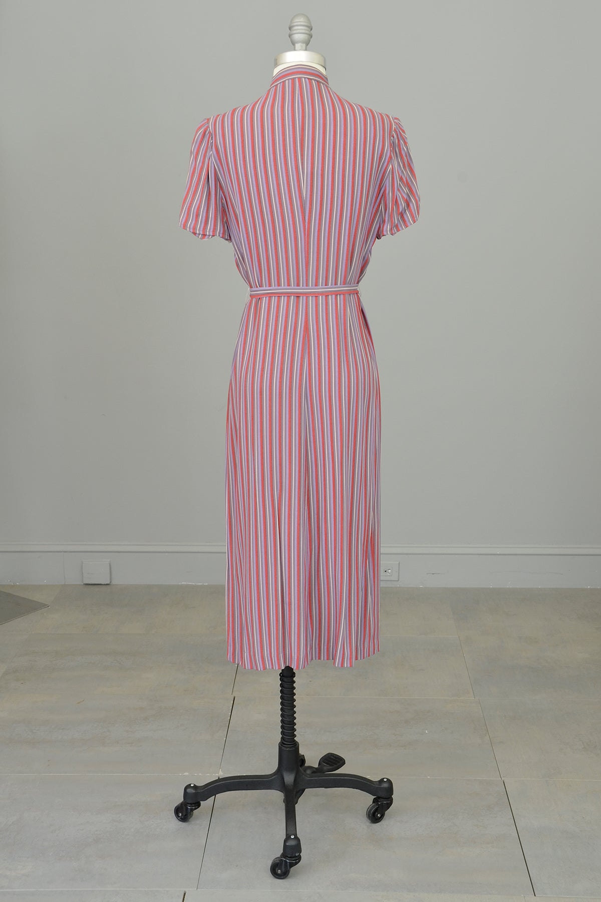 1970s Silky Striped Shift Dress with Ruffled Neckline by Belle France