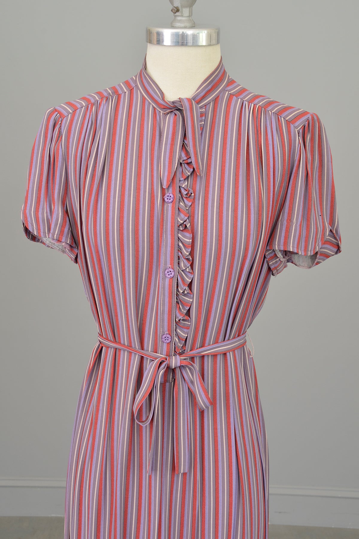1970s Silky Striped Shift Dress with Ruffled Neckline by Belle France