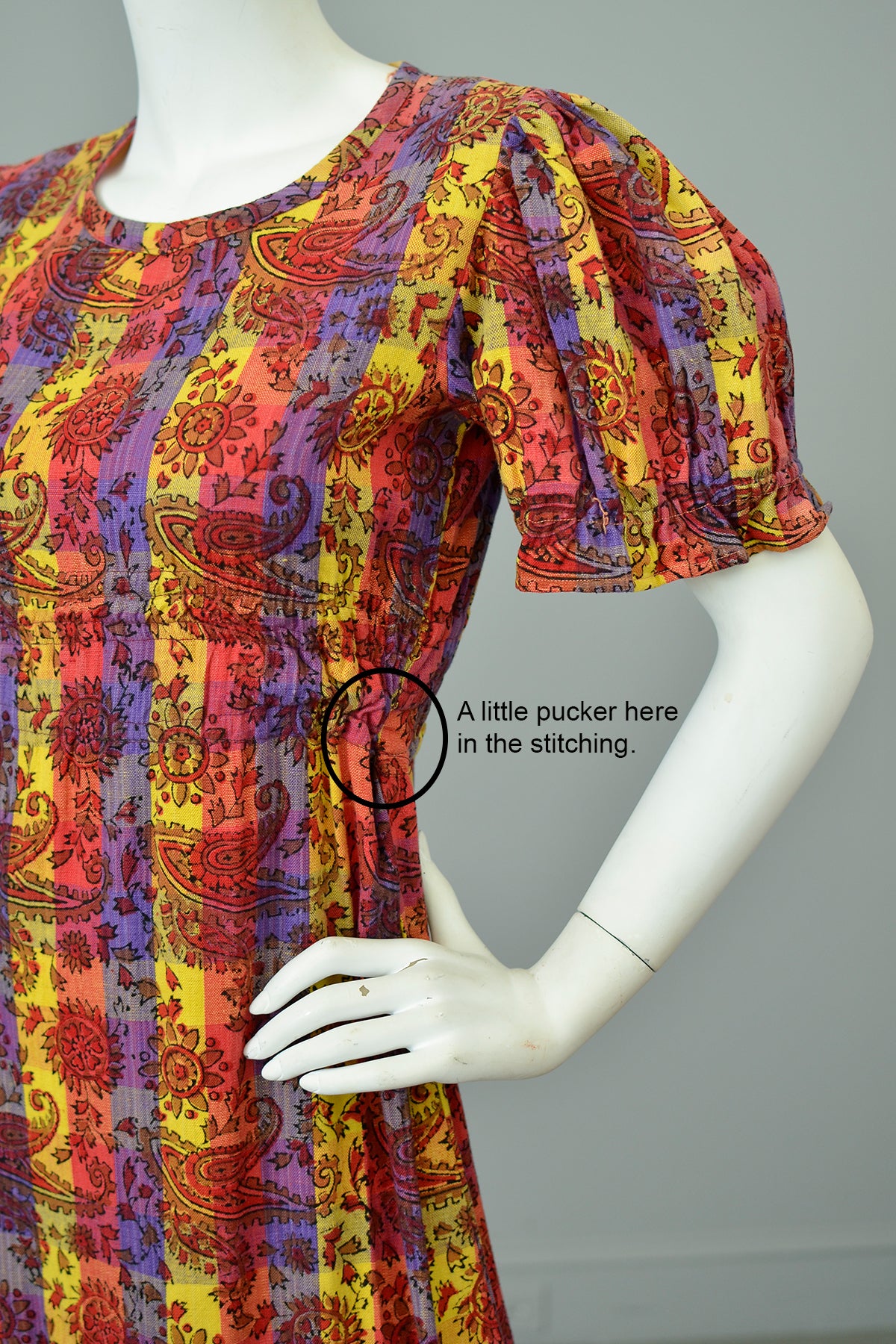 1970s Sunset Hues Puff Sleeve Paisley Print Peasant Dress