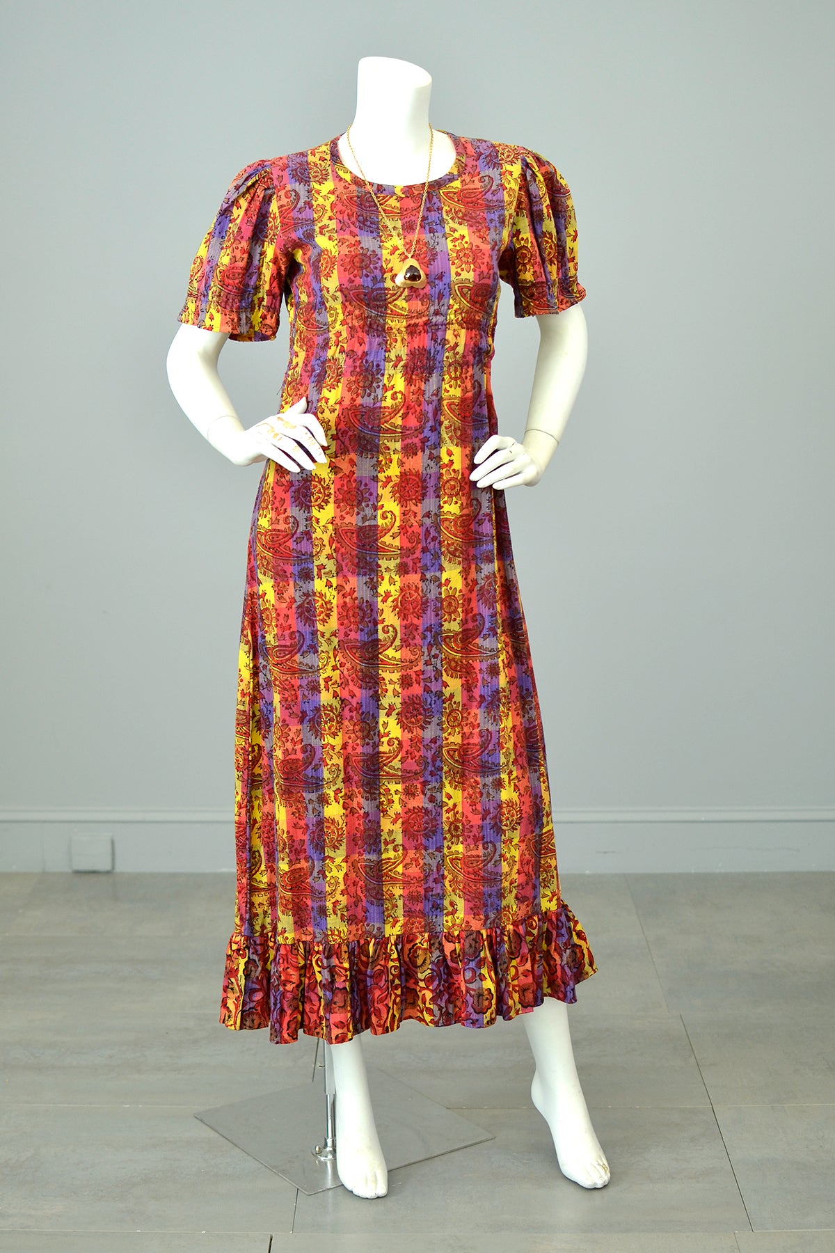 1970s Sunset Hues Puff Sleeve Paisley Print Peasant Dress