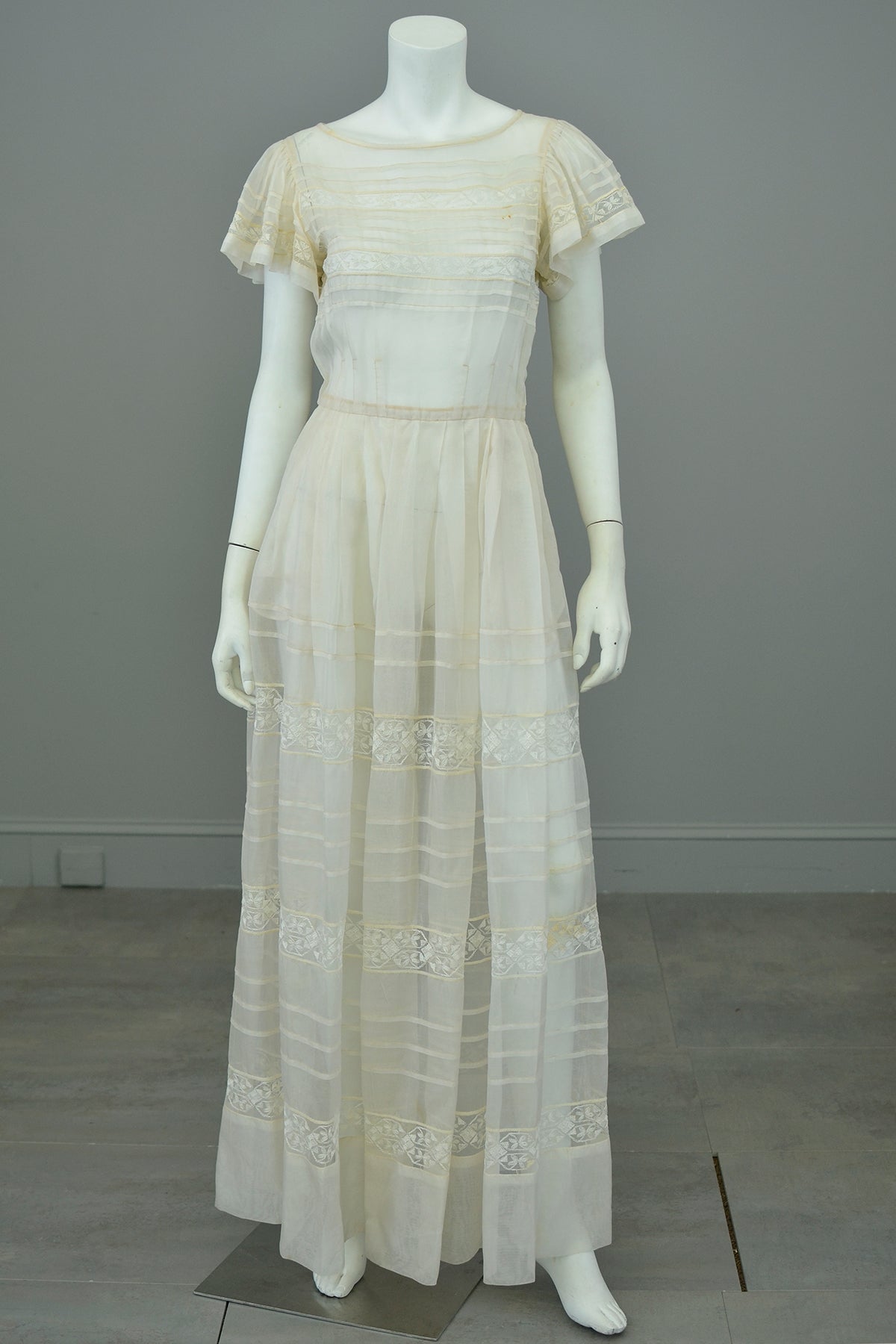 1970s Lovely Sheer Cream Tiered Panel Gown with Flutter Sleeves | 70s Peasant Gown