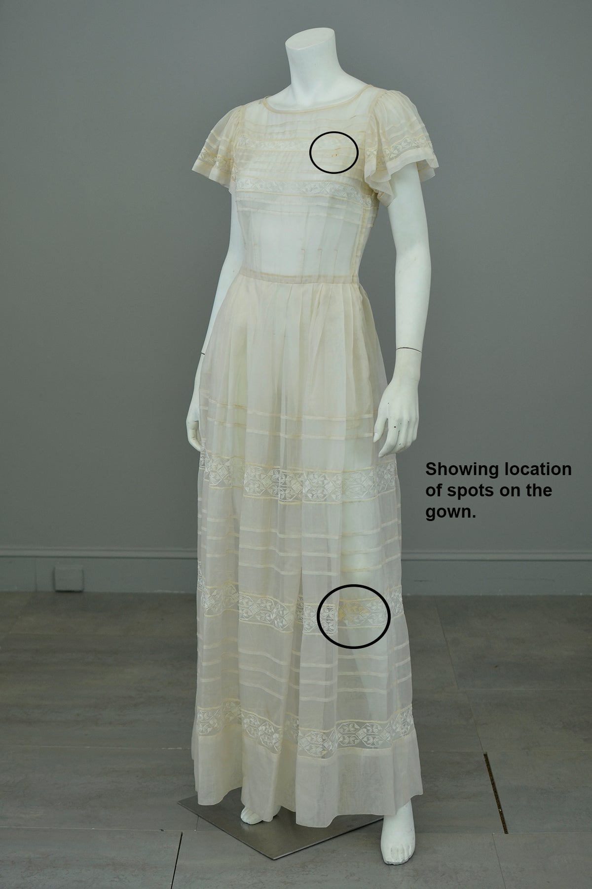 1970s Lovely Sheer Cream Tiered Panel Gown with Flutter Sleeves | 70s Peasant Gown