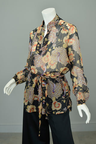 1970s Sheer Black Peacock Print Blouse