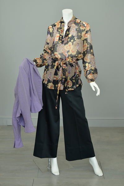 1970s Sheer Black Peacock Print Blouse