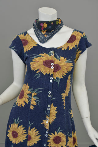 1970s Navy Blue Sunflower Button Down Dress