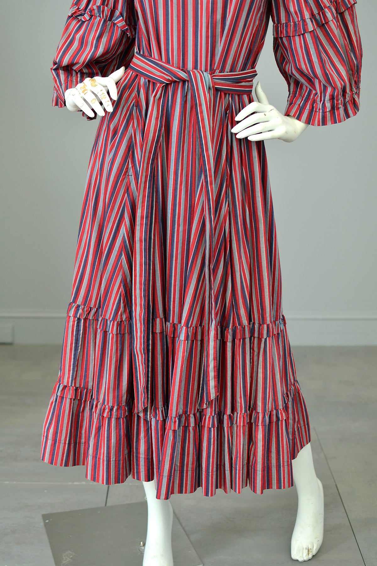 1980s Striped Cotton Peasant Dress with Puffy Bell Sleeves and Tiered