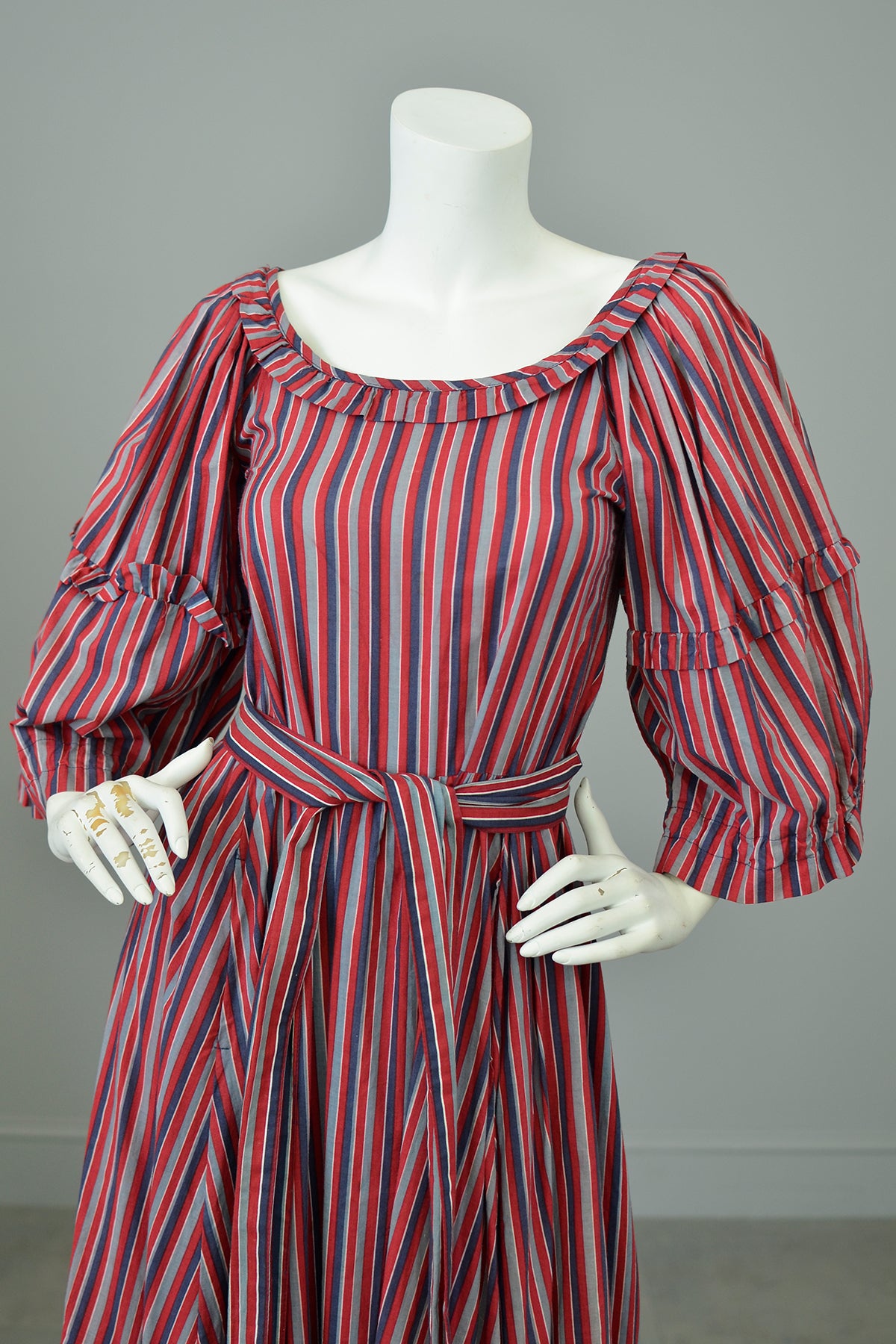 1980s Striped Cotton Peasant Dress with Puffy Bell Sleeves and Tiered Skirt by Laura Ashley