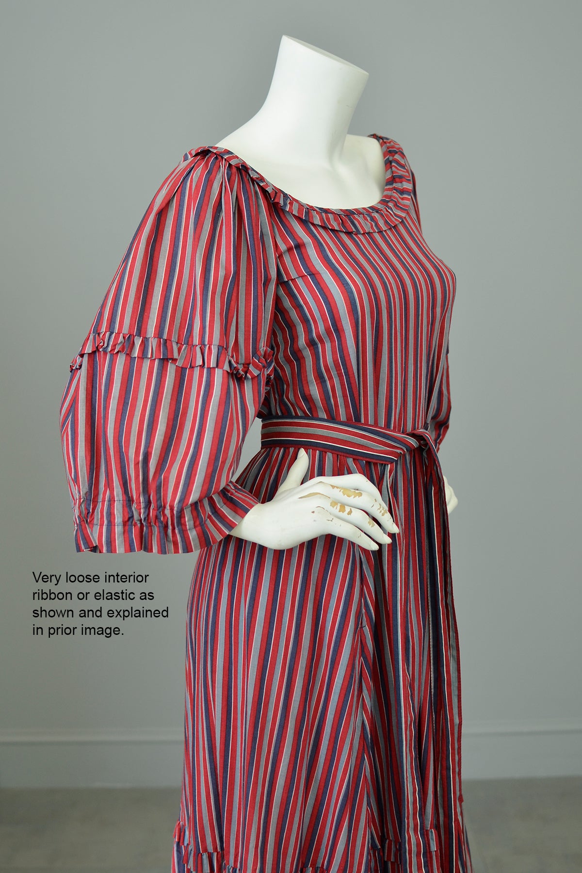 1980s Striped Cotton Peasant Dress with Puffy Bell Sleeves and Tiered