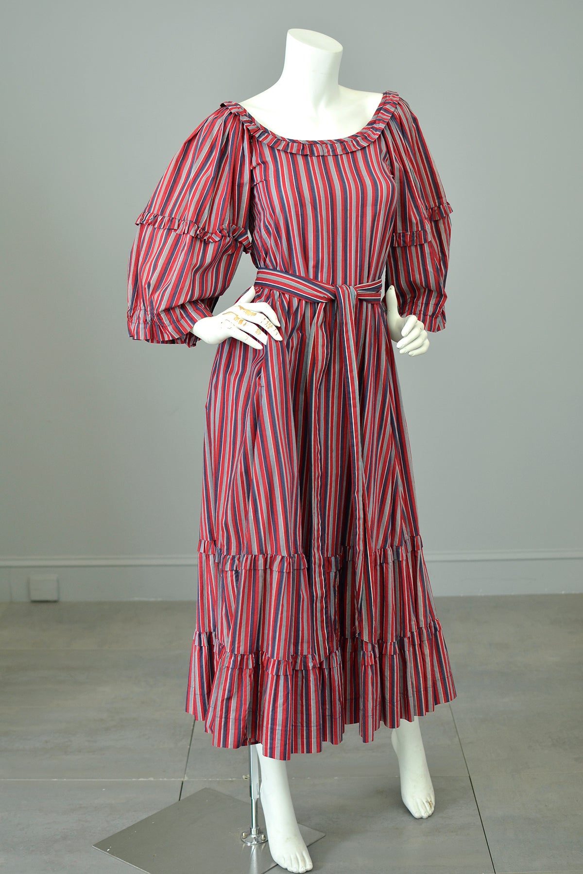 1980s Striped Cotton Peasant Dress with Puffy Bell Sleeves and Tiered