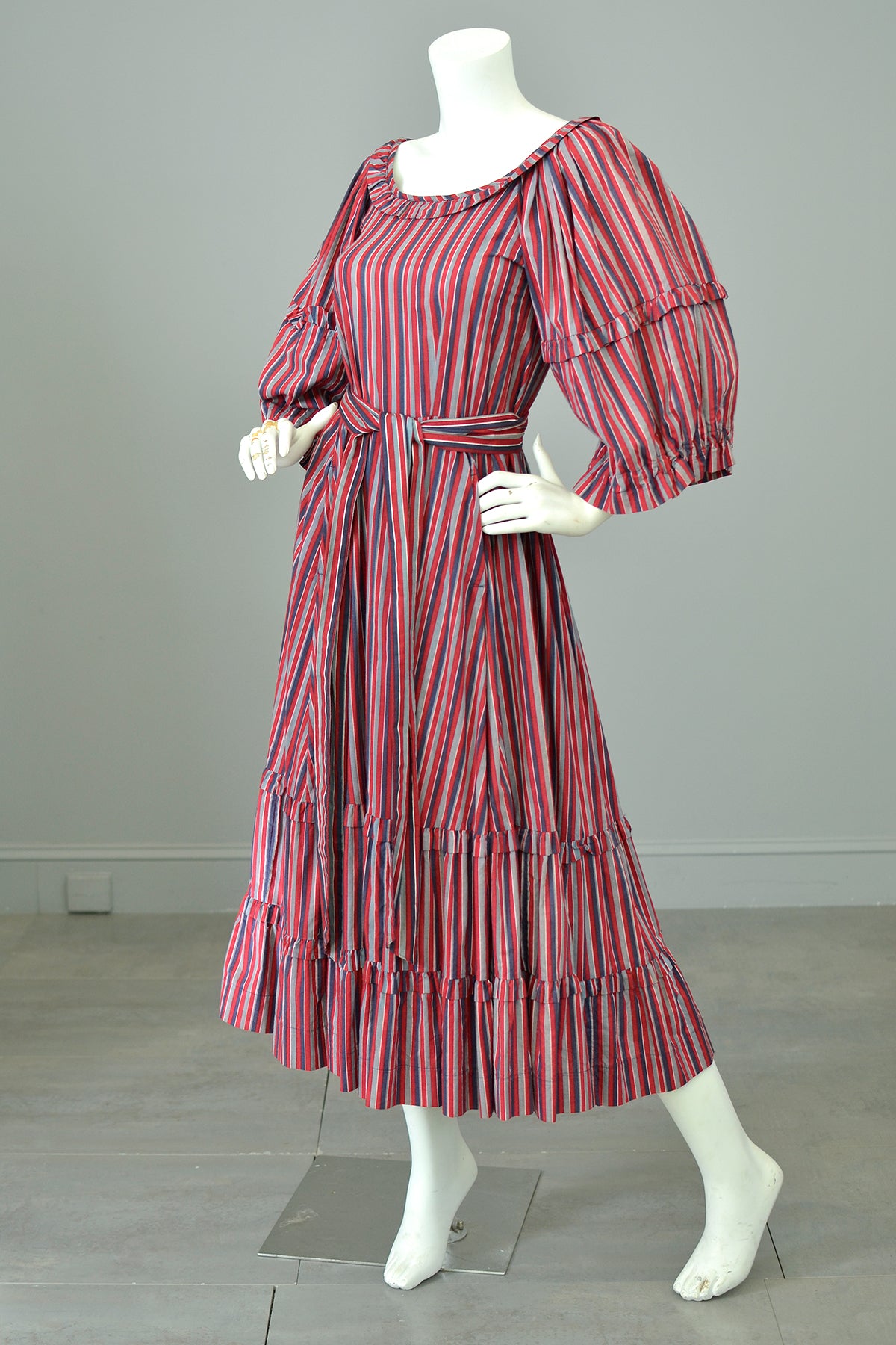 1980s Striped Cotton Peasant Dress with Puffy Bell Sleeves and Tiered 1980s Striped Cotton Peasant Dress with Puffy Bell Sleeves and Tiered