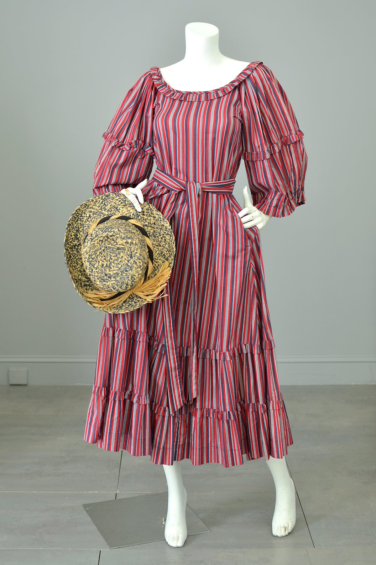 1980s Striped Cotton Peasant Dress with Puffy Bell Sleeves and Tiered Skirt by Laura Ashley