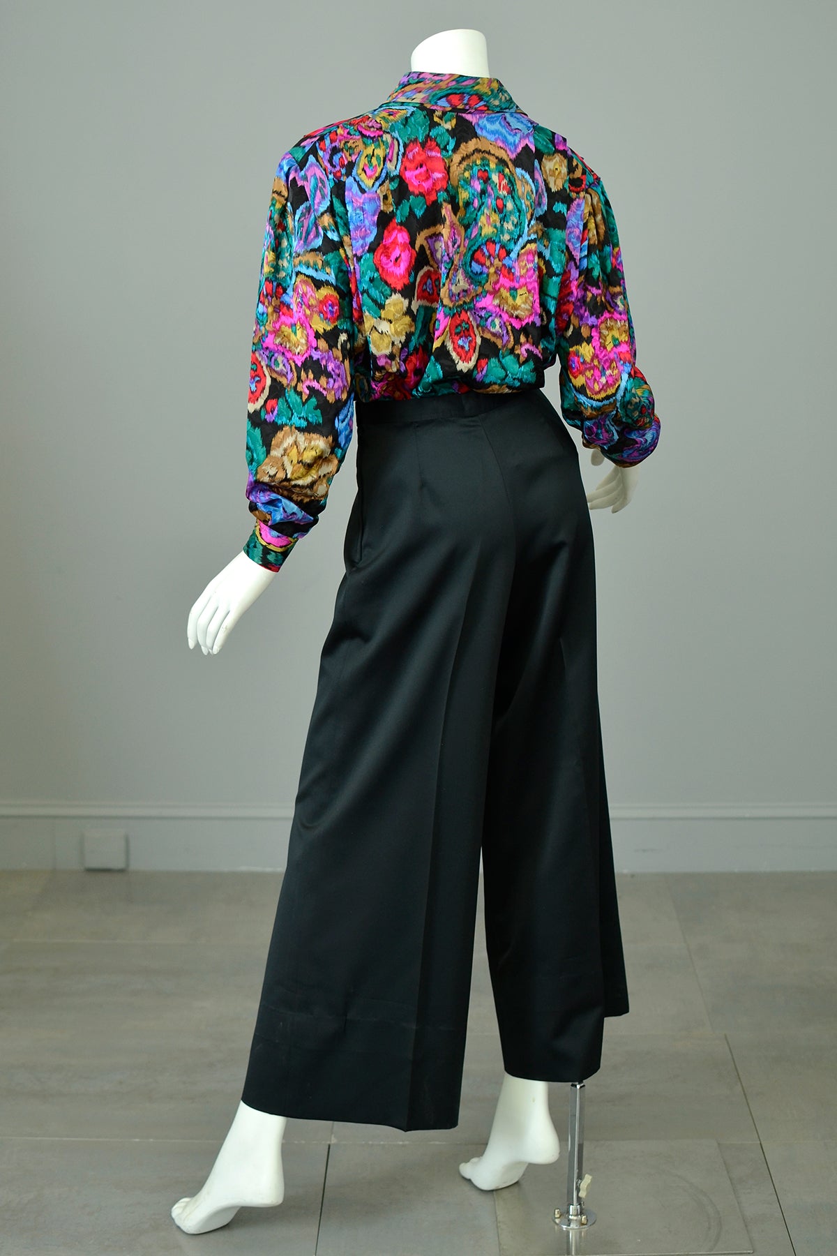 1980s Vibrant Neon Floral Rose Print Silk Blouse with Pleated Shoulders