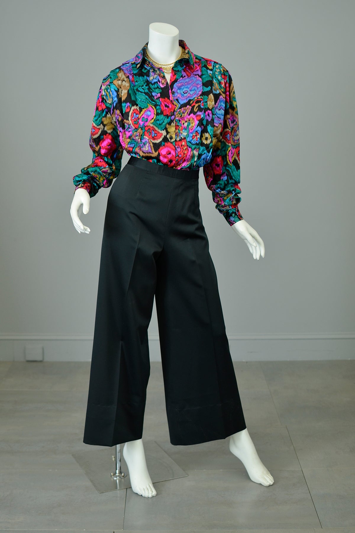 1980s Vibrant Neon Floral Rose Print Silk Blouse with Pleated Shoulders