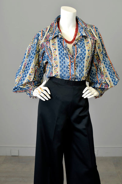 1980s Victor Costa Balloon Sleeve Aztec Print Blouse