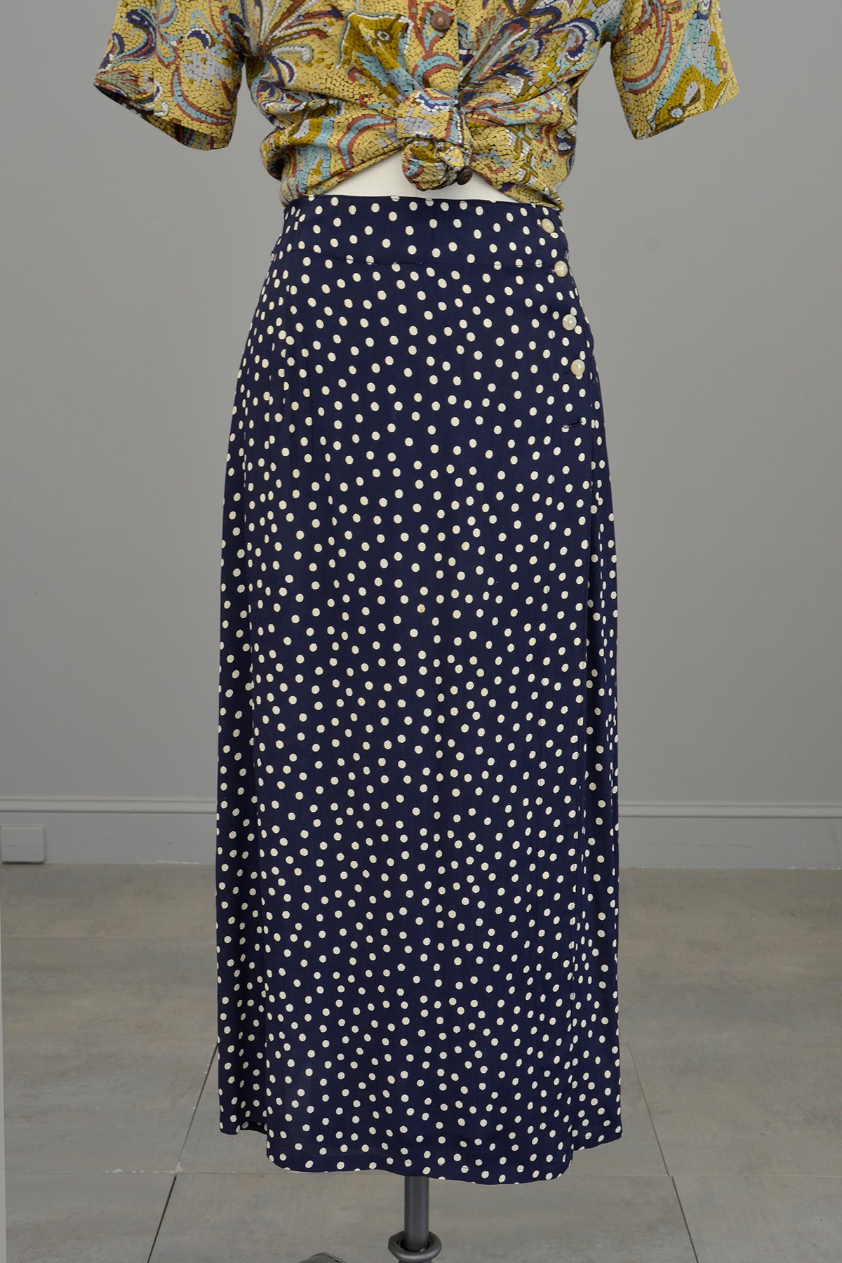 1990s Navy Blue White Polka Dot Rayon Wrap Skirt Vintage Inspired by A | VintageVirtuosa 1990s Navy Blue White Polka Dot Rayon Wrap Skirt Vintage Inspired by A | VintageVirtuosa