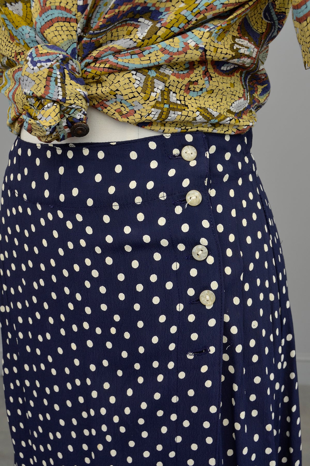 1990s Navy Blue White Polka Dot Rayon Wrap Skirt Vintage Inspired by Anthropologie
