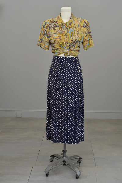 1990s Navy Blue White Polka Dot Rayon Wrap Skirt Vintage Inspired by Anthropologie