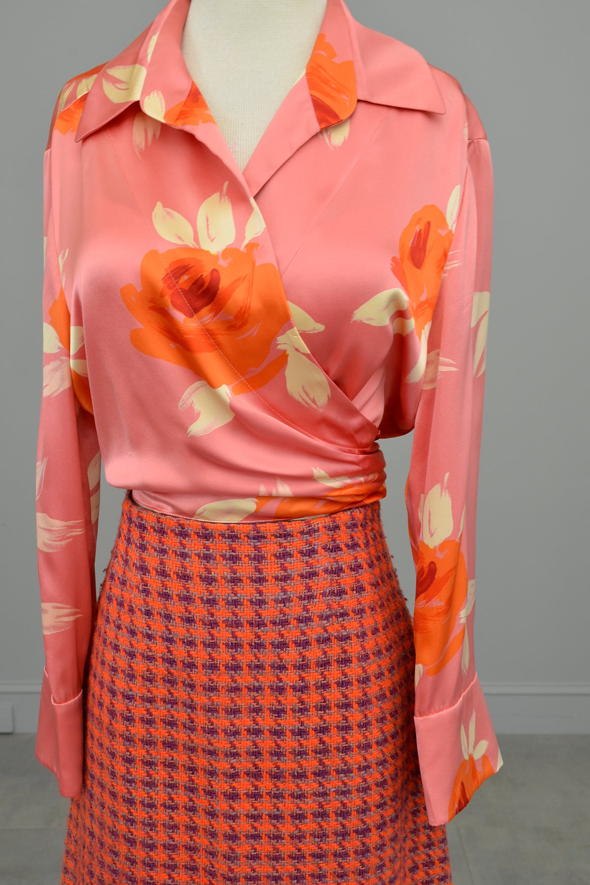 1980s Pink Silk Floral Rose Print Wrap Front Blouse by Ellen Tracy