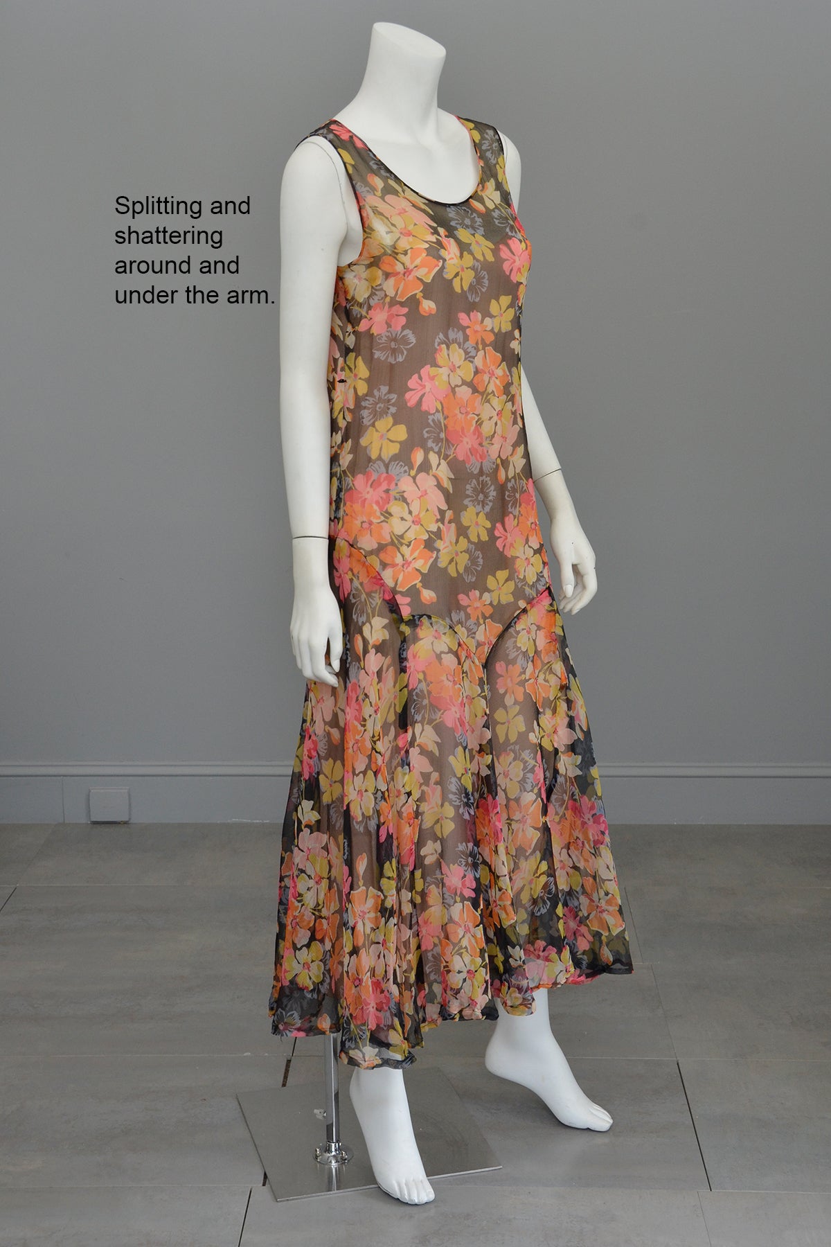 1920s 30s Pink Yellow Floral Print on Charcoal Grey Chiffon Flapper Dress | Restoration needed