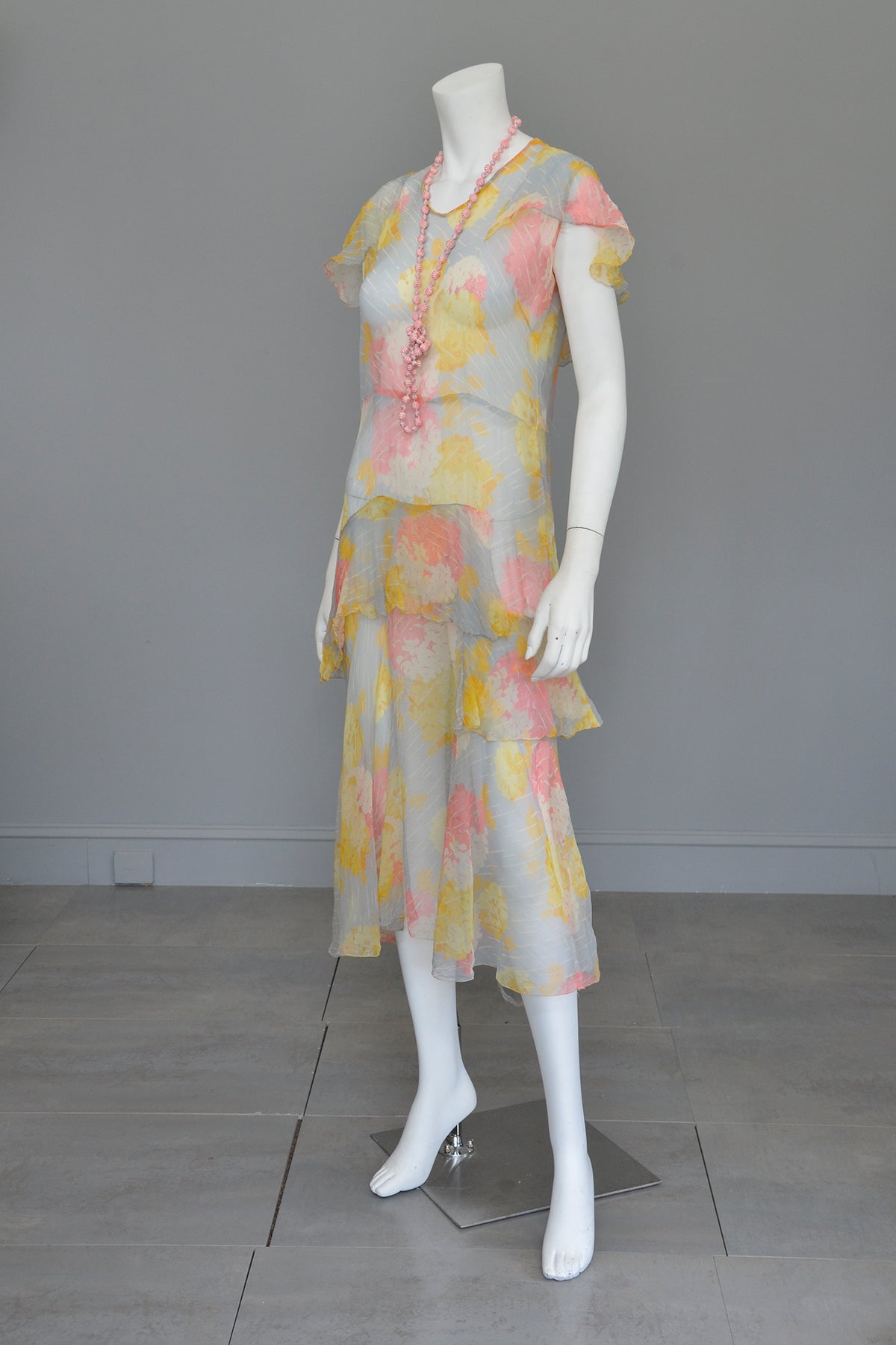 1920s 30s Pastel Floral Print Chiffon Jazz Age Flapper Dress TLC