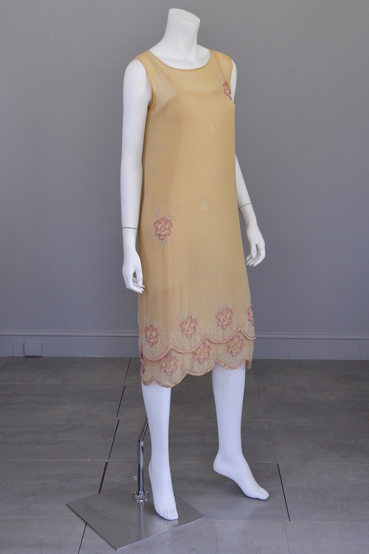 1920s Beaded Flapper Dress | Camel Color with Pink and Green Beading | | VintageVirtuosa 1920s Beaded Flapper Dress | Camel Color with Pink and Green Beading | | VintageVirtuosa