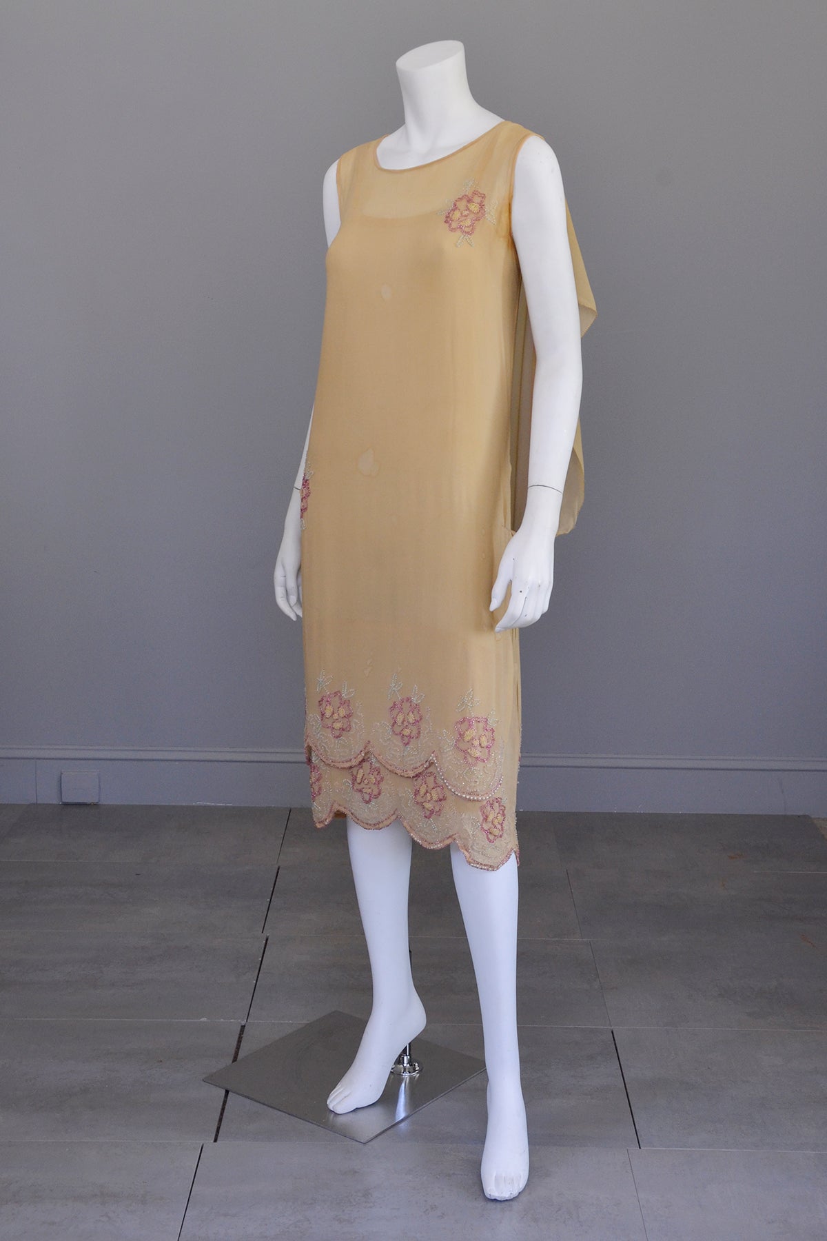 1920s Beaded Flapper Dress | Camel Color with Pink and Green Beading | | VintageVirtuosa 1920s Beaded Flapper Dress | Camel Color with Pink and Green Beading | | VintageVirtuosa