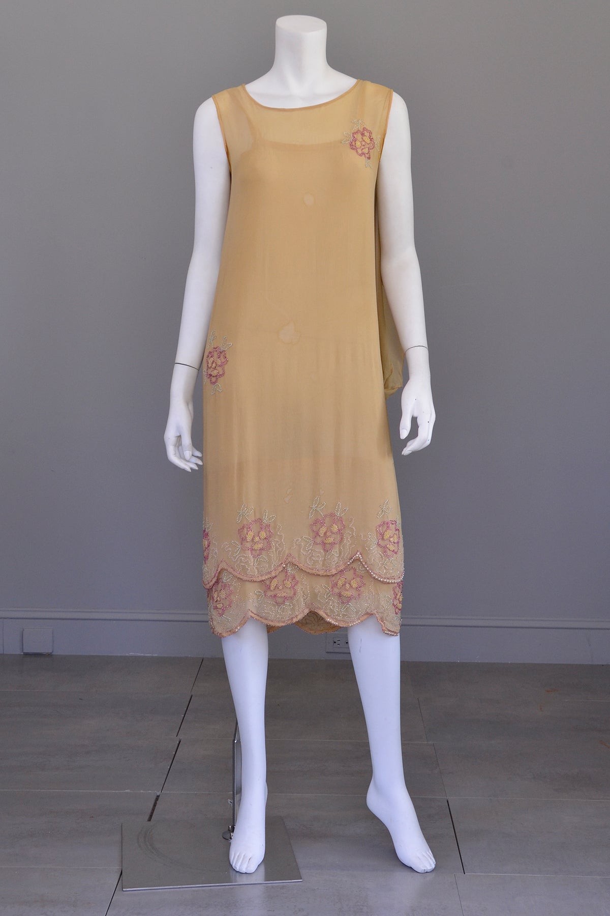 1920s Beaded Flapper Dress | Camel Color with Pink and Green Beading | | VintageVirtuosa 1920s Beaded Flapper Dress | Camel Color with Pink and Green Beading | | VintageVirtuosa