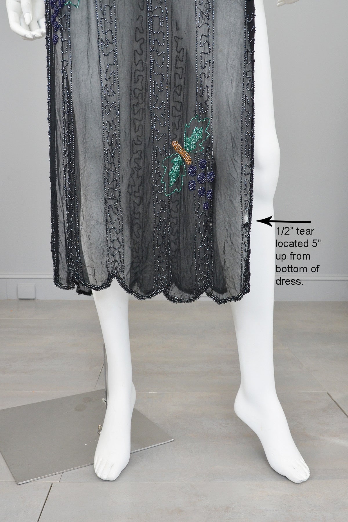 1920s Black Chiffon Purple Gold Green Grapes Beaded Tabard Dress | VintageVirtuosa 1920s Black Chiffon Purple Gold Green Grapes Beaded Tabard Dress | VintageVirtuosa