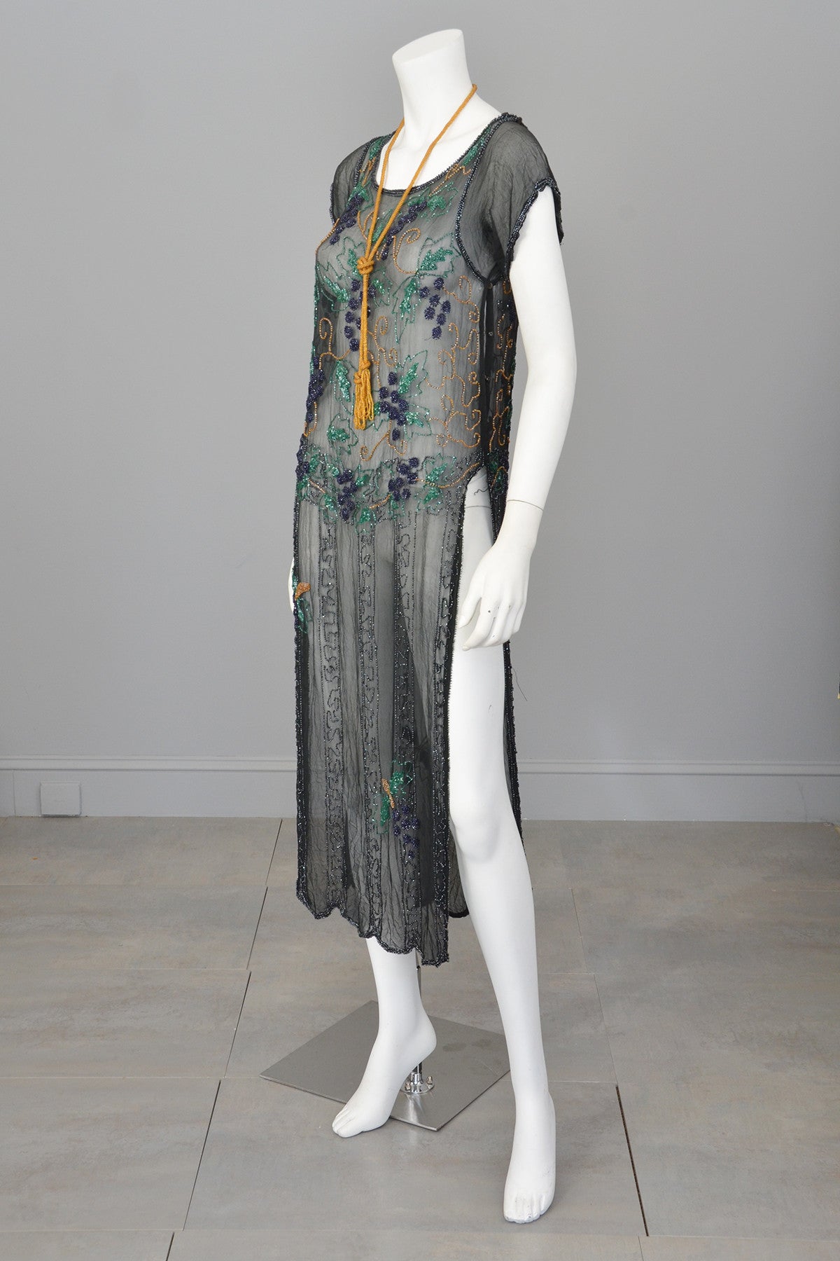 1920s Black Chiffon Purple Gold Green Grapes Beaded Tabard Dress | VintageVirtuosa 1920s Black Chiffon Purple Gold Green Grapes Beaded Tabard Dress | VintageVirtuosa