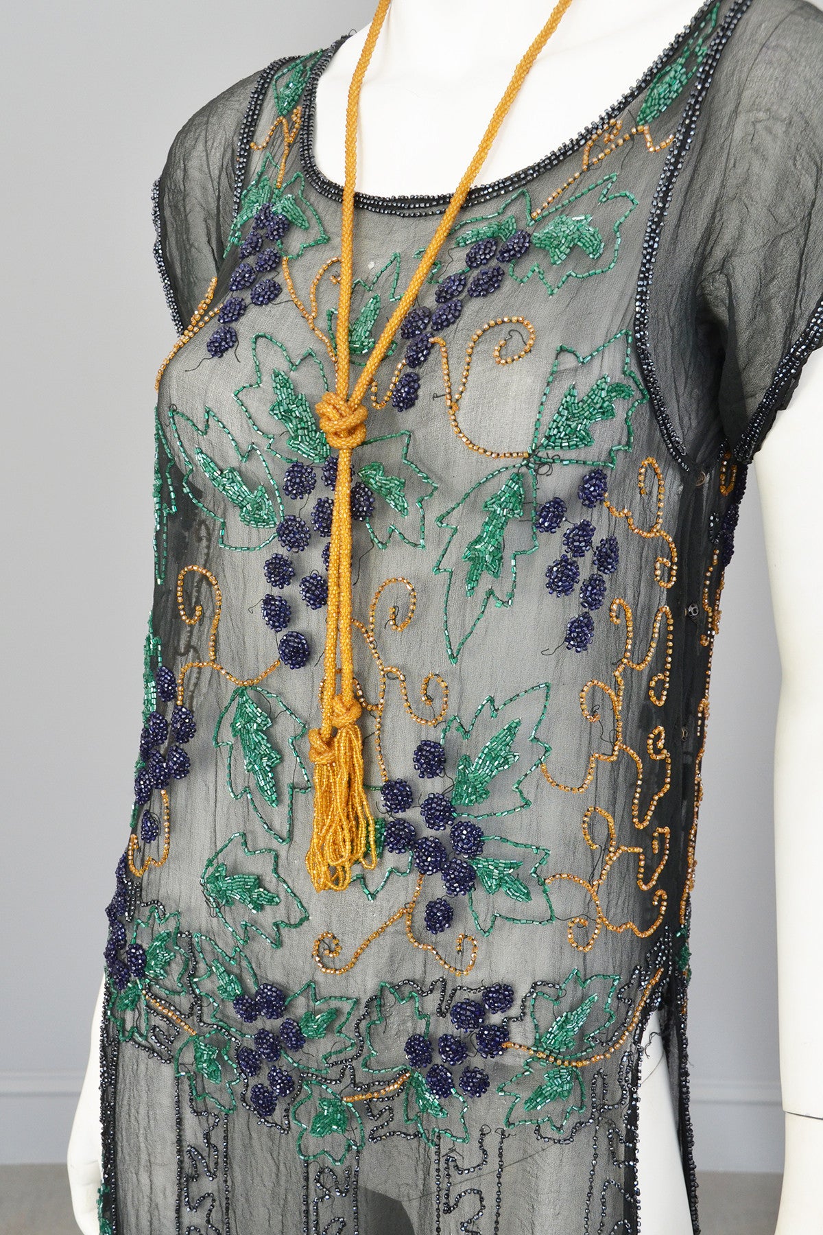1920s Black Chiffon Purple Gold Green Grapes Beaded Tabard Dress
