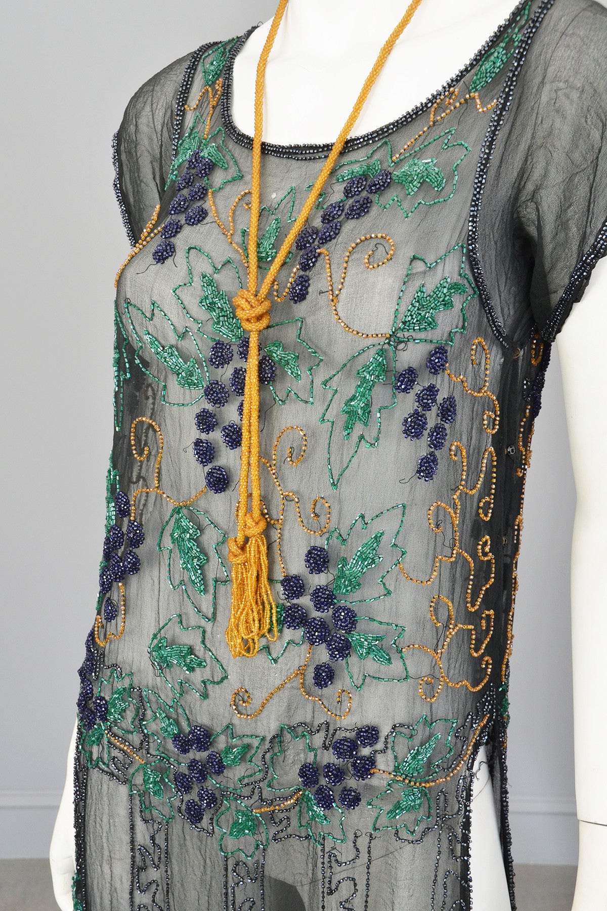 1920s Black Chiffon Purple Gold Green Grapes Beaded Tabard Dress | VintageVirtuosa 1920s Black Chiffon Purple Gold Green Grapes Beaded Tabard Dress | VintageVirtuosa