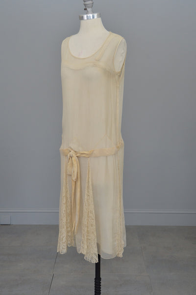 1920s Cream Chiffon Lace And Velvet Flapper Dress Vintagevirtuosa