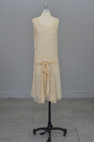 1920s Cream Chiffon Lace and Velvet Flapper Dress