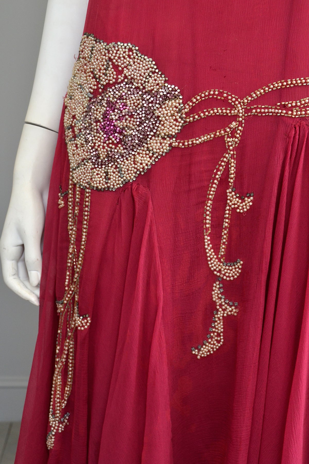 1920s Cranberry Chiffon Beaded Flapper Dress for Restoration