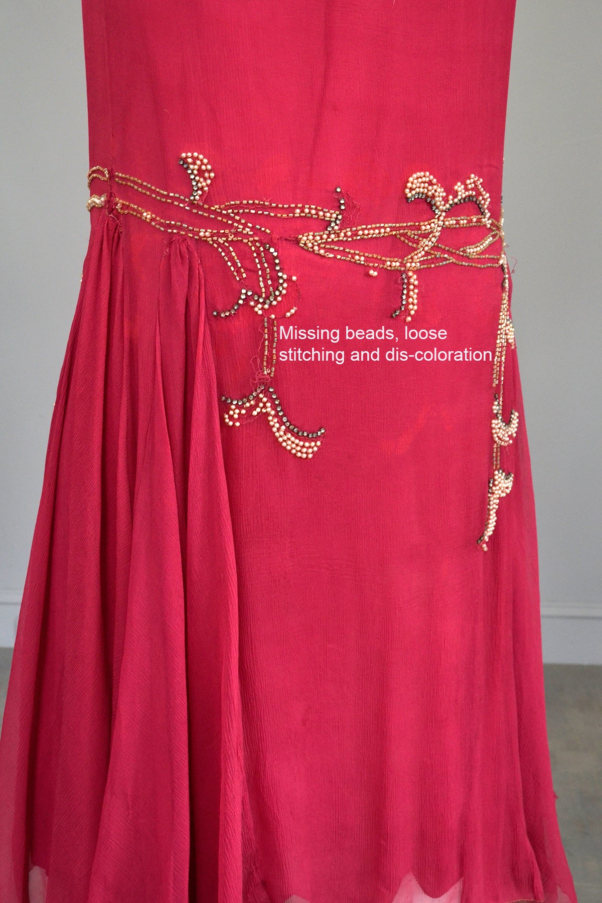 1920s Cranberry Chiffon Beaded Flapper Dress for Restoration