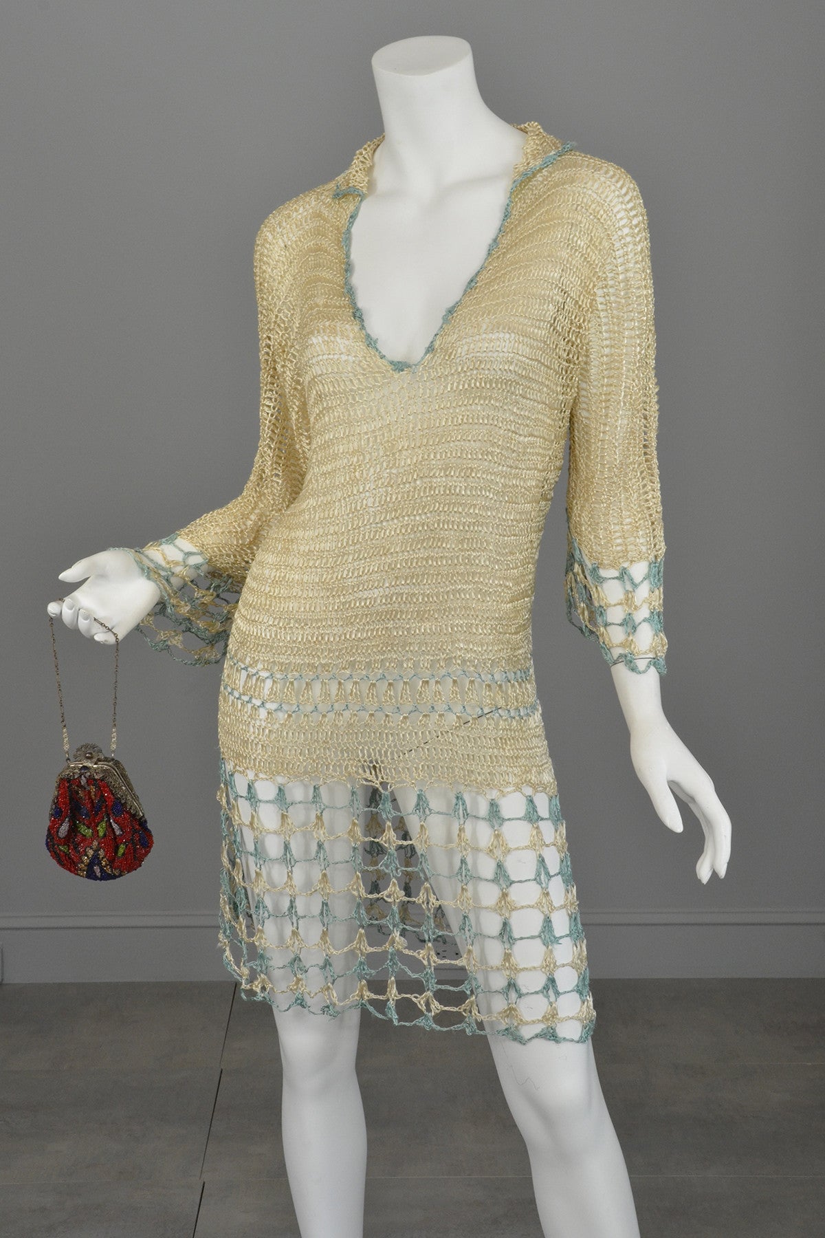 1920s Cream and Aqua Vintage Crochet Flapper Dress