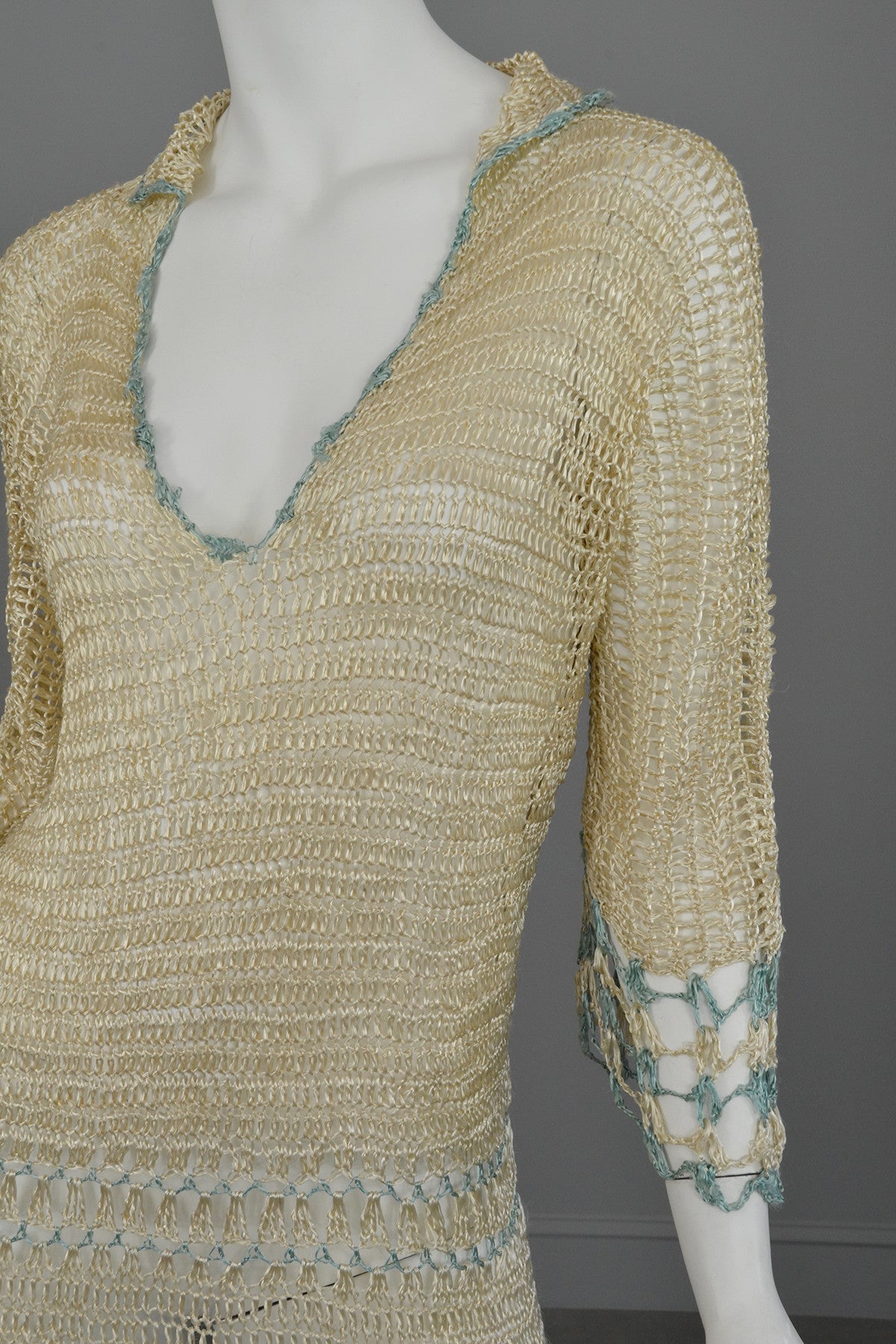 1920s Cream and Aqua Vintage Crochet Flapper Dress
