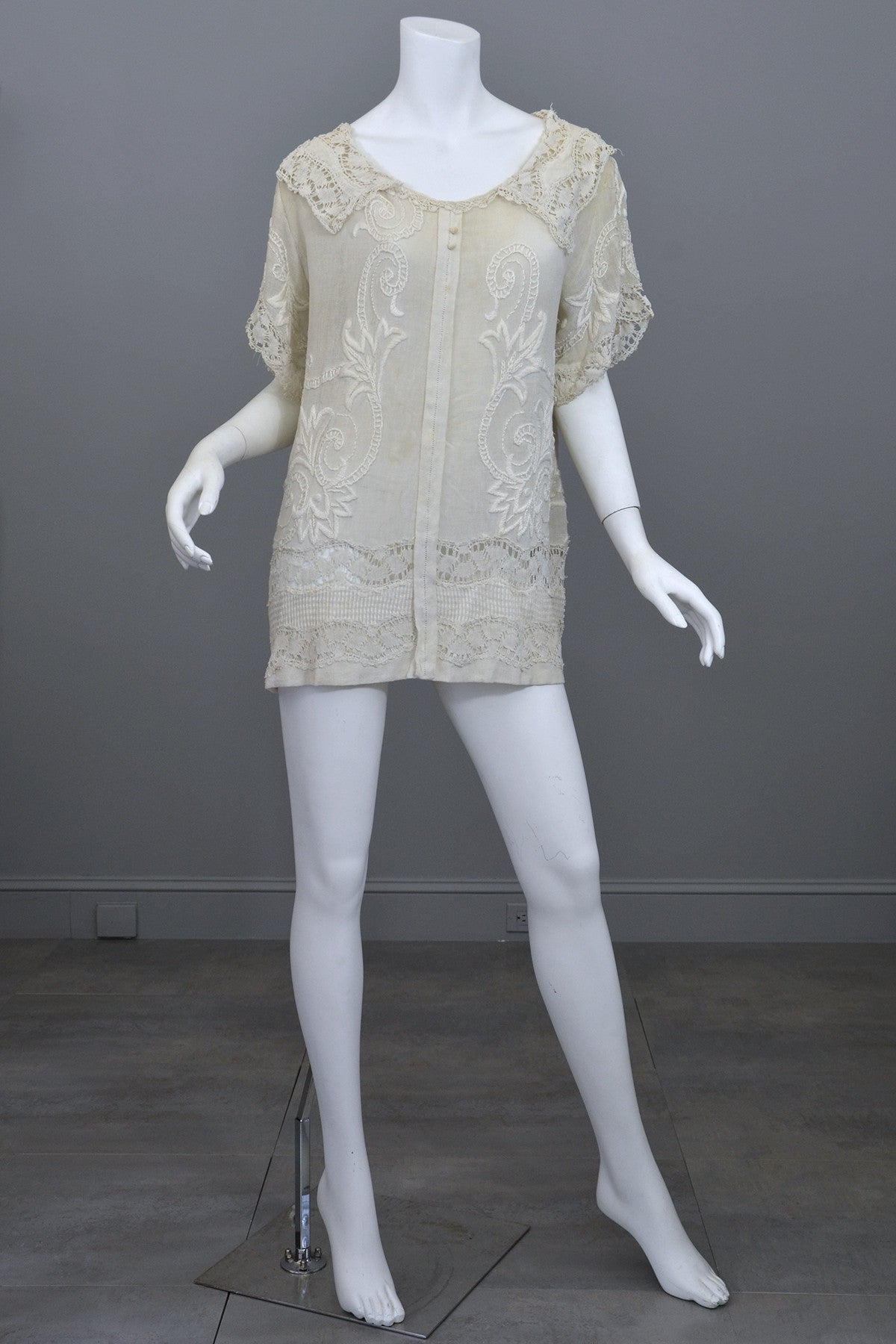 Deco 20s Embroidered Gauze Tunic Lace Top