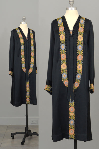 1920s Embroidered Navy Silk Satin Vintage Dress