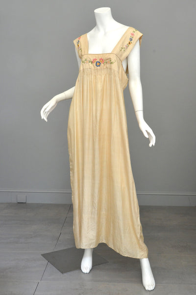 1920s Embroidered Silk Babydoll Maxi Dress Nightgown