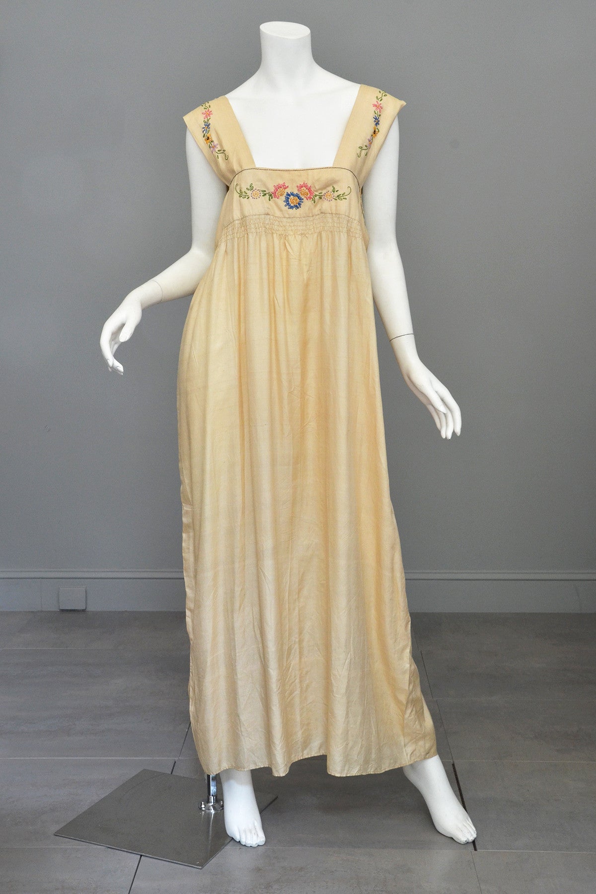 1920s Embroidered Silk Babydoll Maxi Dress Nightgown
