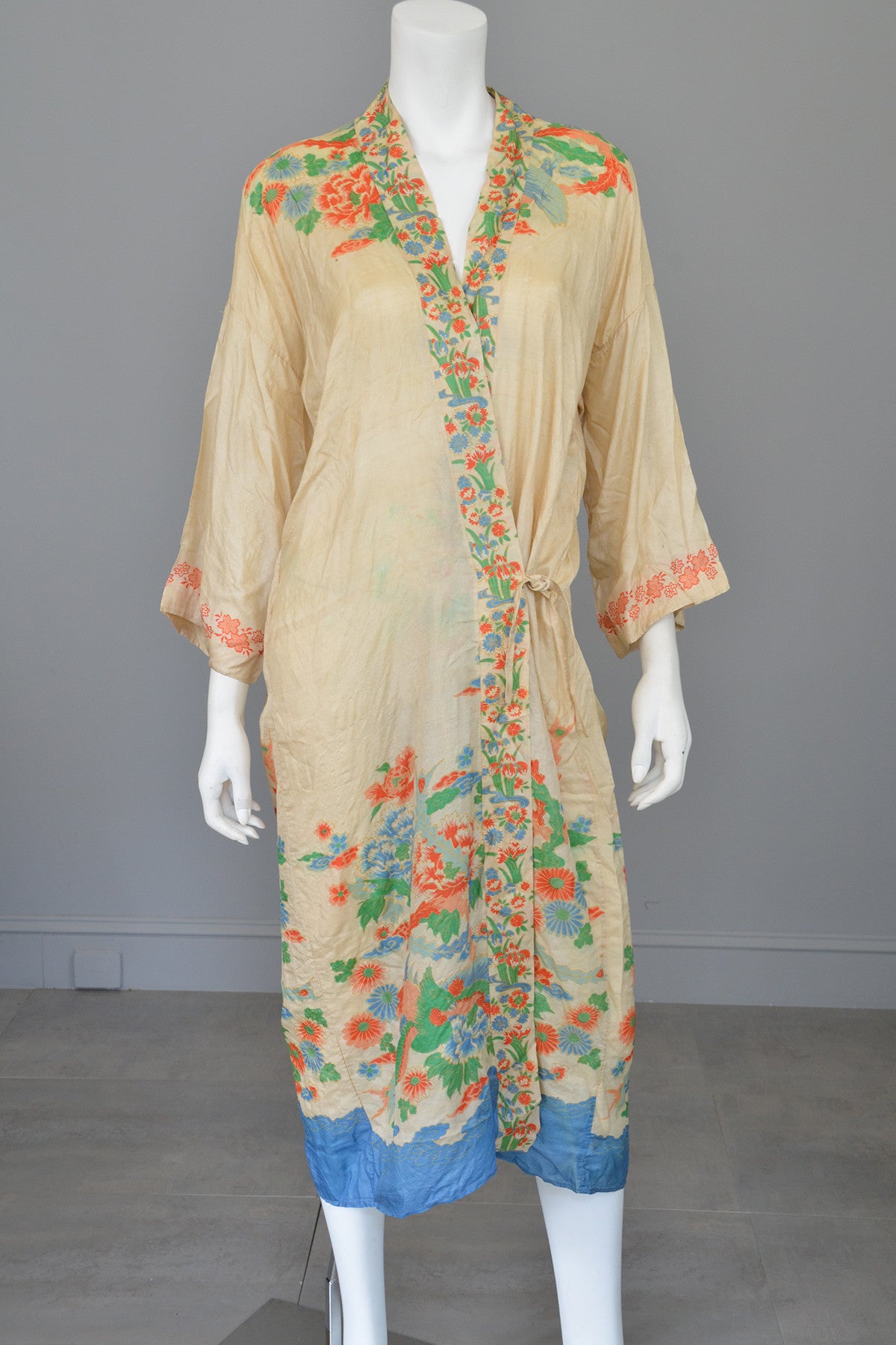 RESERVED 1920s Pongee Silk Kimono Robe Birds