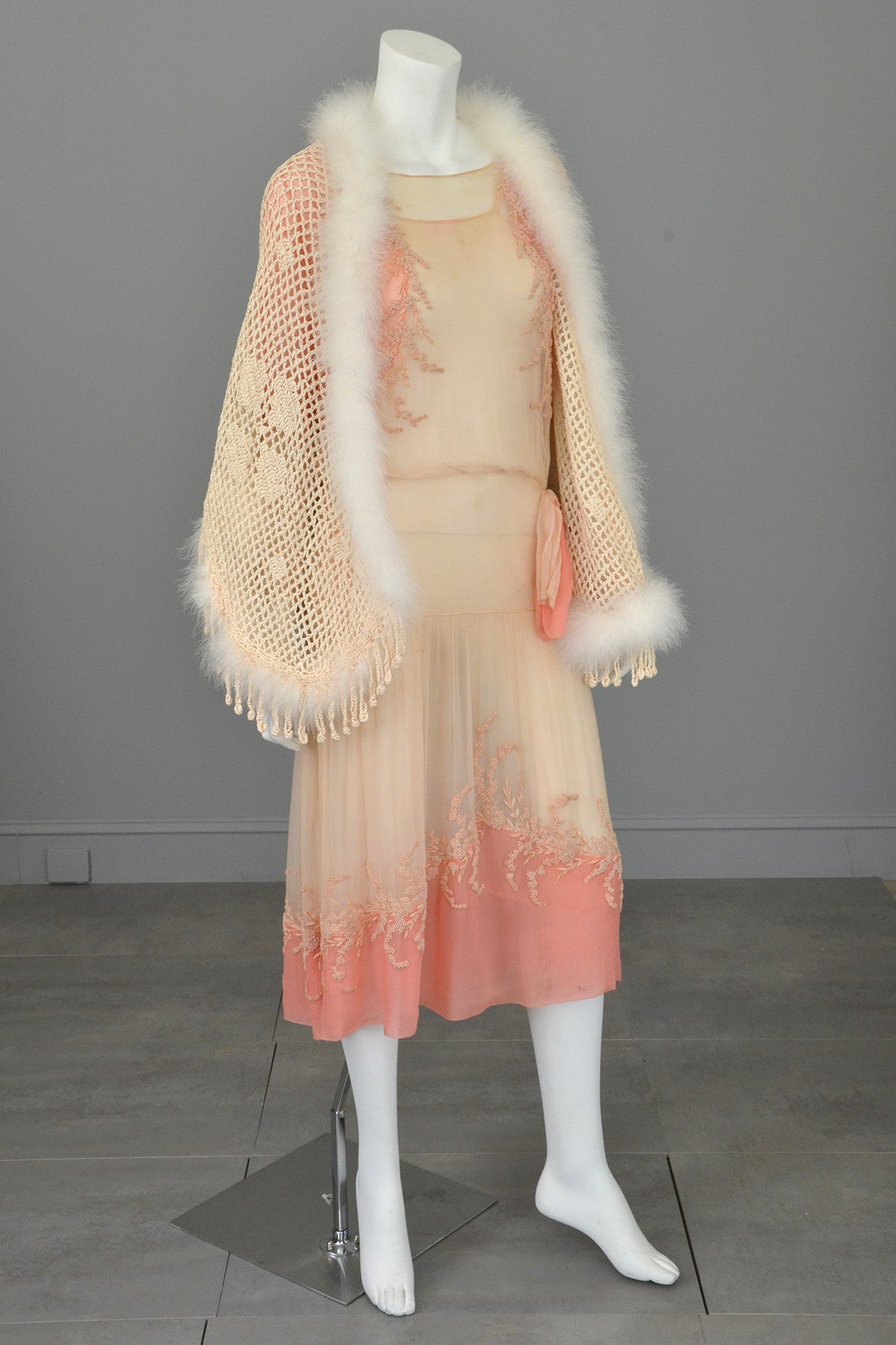 1920s Pink Cream Silk Chiffon French Knots Embroidered Peasant Dress/R | VintageVirtuosa 1920s Pink Cream Silk Chiffon French Knots Embroidered Peasant Dress/R | VintageVirtuosa