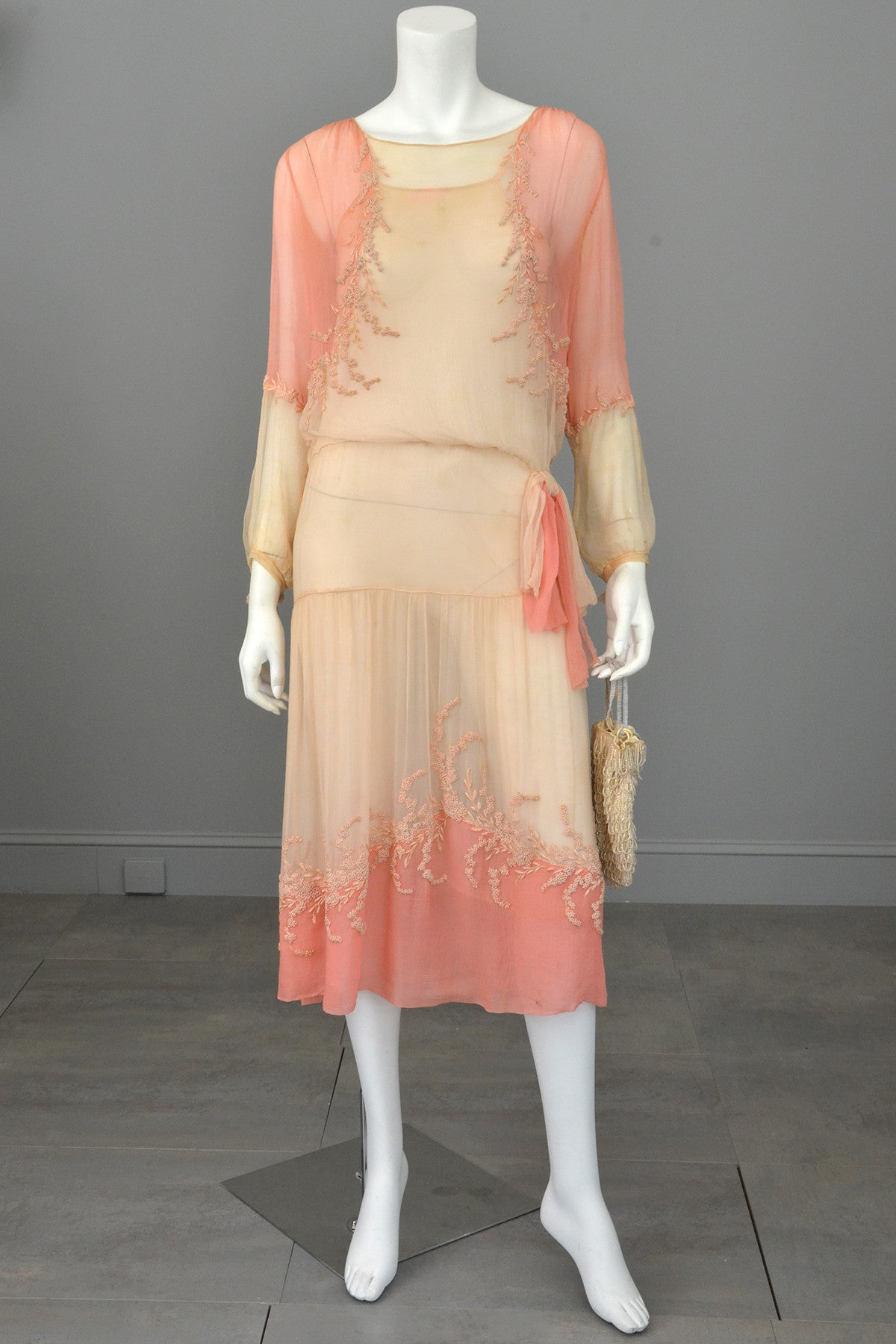 1920s Pink Cream Silk Chiffon French Knots Embroidered Peasant Dress/Restoration piece