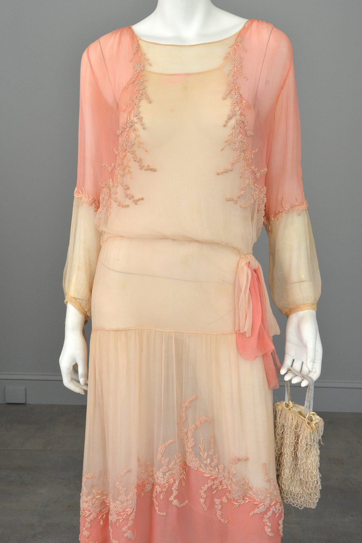 1920s Pink Cream Silk Chiffon French Knots Embroidered Peasant Dress/R | VintageVirtuosa 1920s Pink Cream Silk Chiffon French Knots Embroidered Peasant Dress/R | VintageVirtuosa