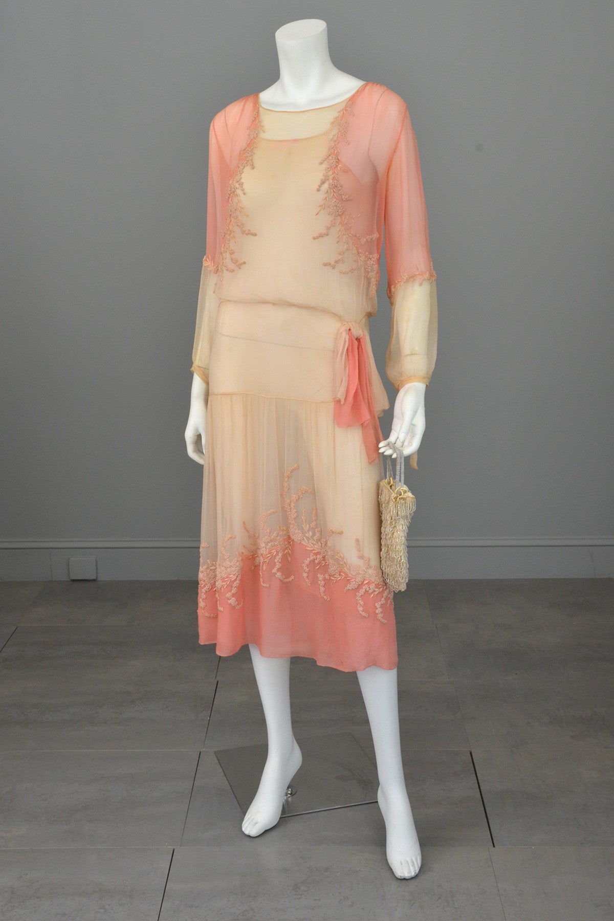 1920s Pink Cream Silk Chiffon French Knots Embroidered Peasant Dress/R | VintageVirtuosa 1920s Pink Cream Silk Chiffon French Knots Embroidered Peasant Dress/R | VintageVirtuosa