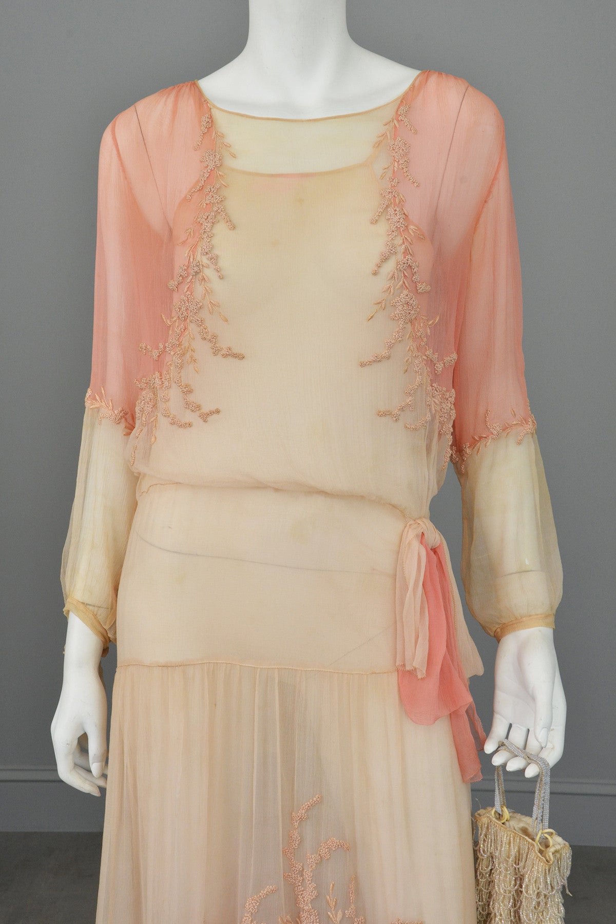 1920s Pink Cream Silk Chiffon French Knots Embroidered Peasant Dress/R | VintageVirtuosa 1920s Pink Cream Silk Chiffon French Knots Embroidered Peasant Dress/R | VintageVirtuosa
