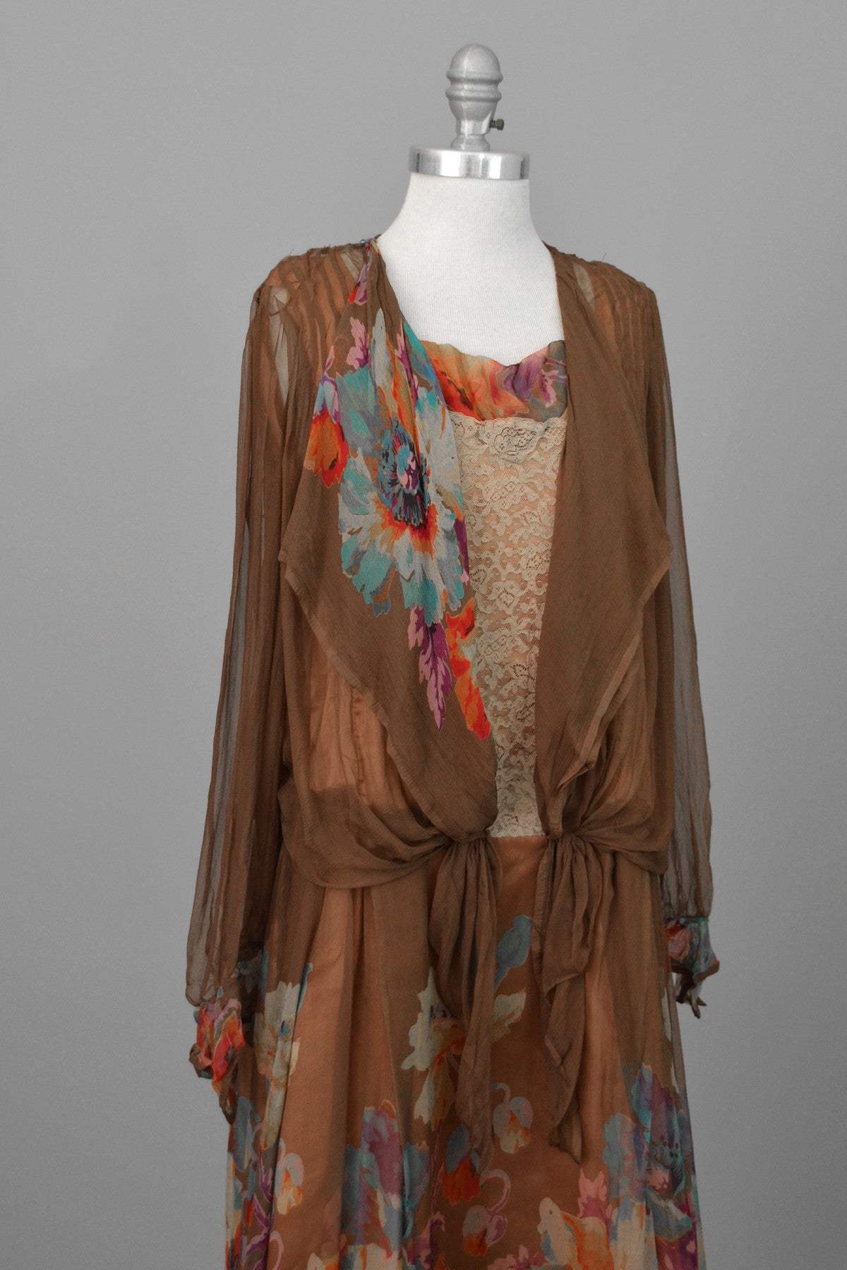 1920s Mocha Chiffon and Lace Vintage Flapper Dress with Vibrant Floral Print